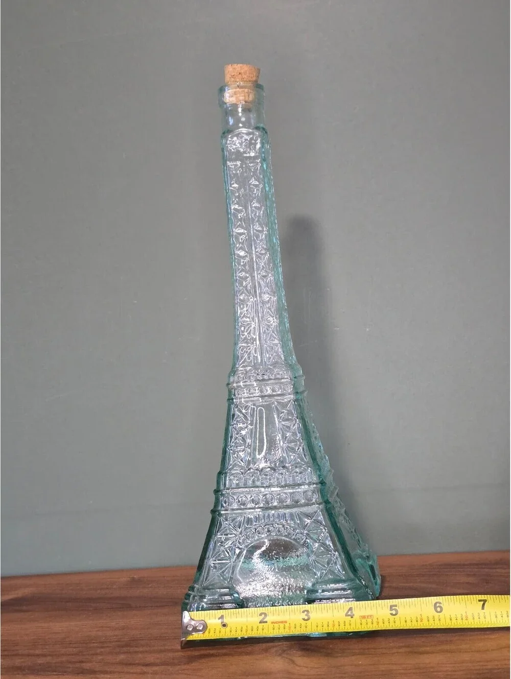 Vintage World Market Eiffel Tower Aqua Blue Glass Bottle Decanter